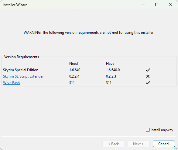Dialog showing that the wizard has been aborted because its SKSE version requirement has not been met (wanted is 0.2.2.4, but installed is only 0.2.2.3).